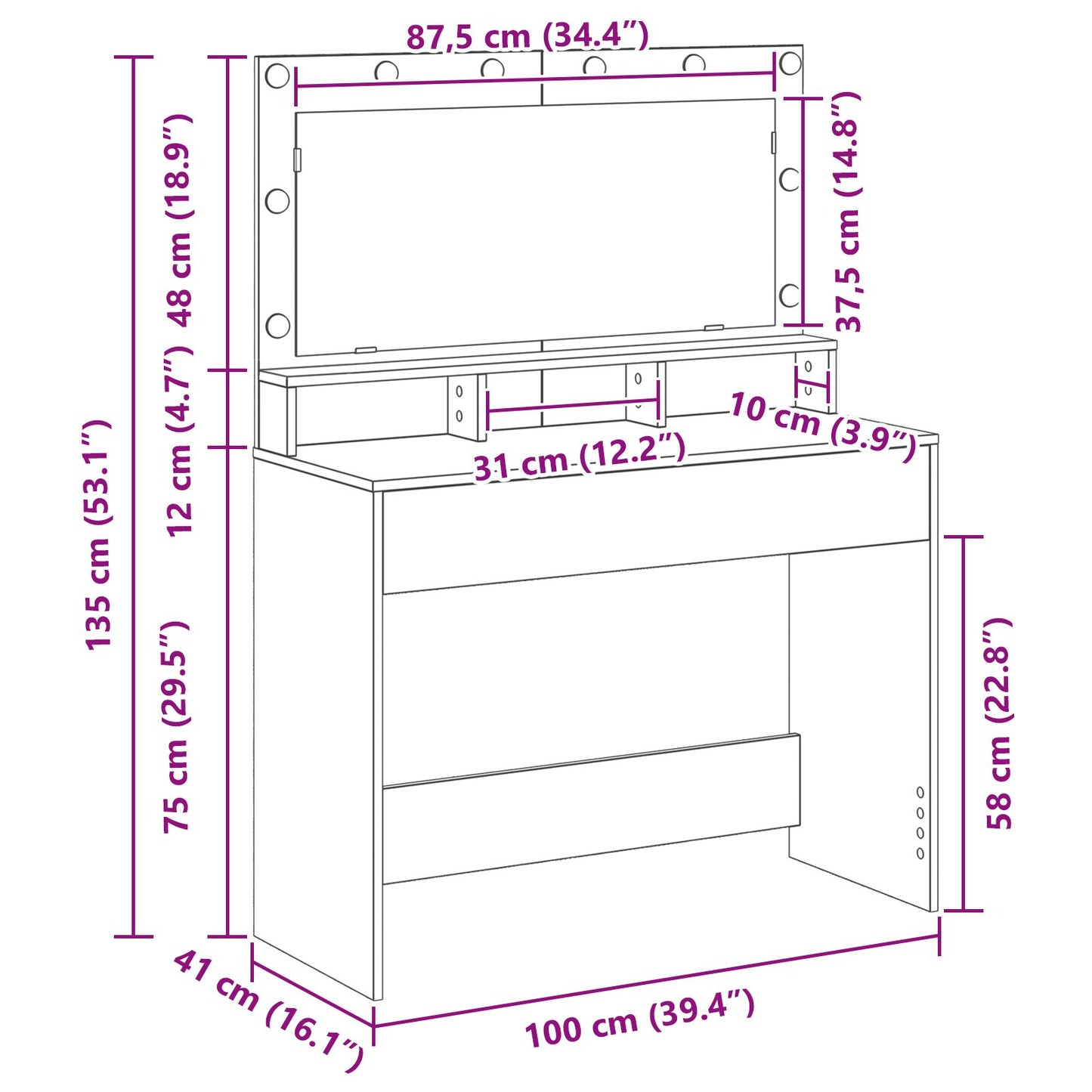 Schminktisch mit LED-Lichtern in Raucheiche 100x41x135 cm