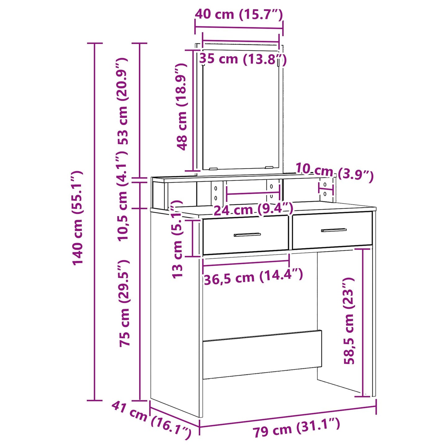 Schminktisch mit Schubladen, Braun, Eiche, 79x41x140 cm
