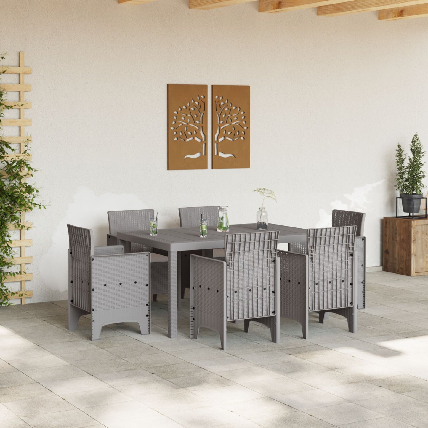 7-teilige Garten-Essgruppe mit Kissen Lichtgrau Poly Rattan