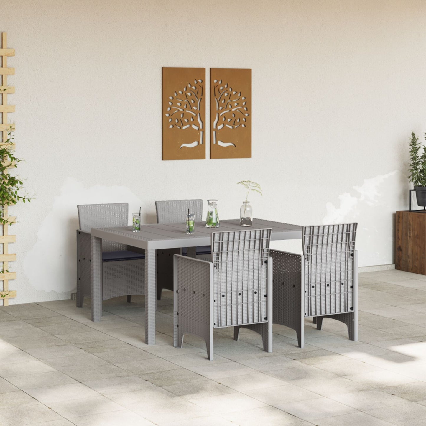 5-teiliges Garten Essgruppe mit Kissen Hellgraues Poly-Rattan
