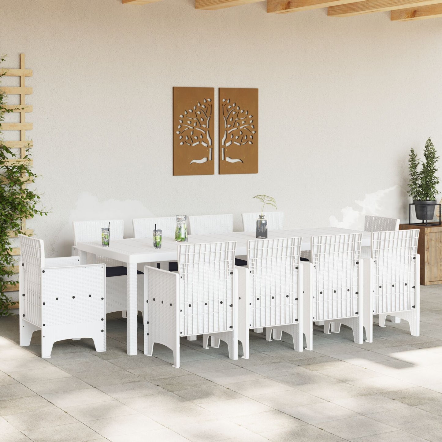 11-teiliges Garten Essgruppe mit Kissen Weiß Poly-Rattan