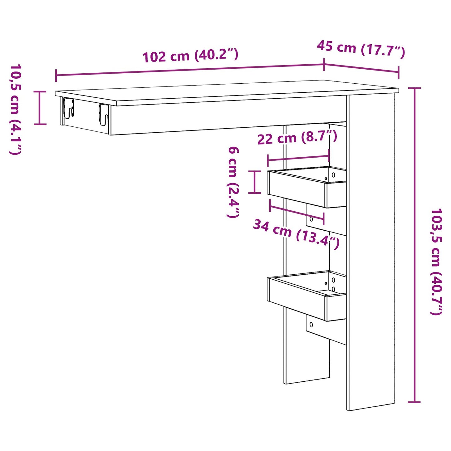 Wand-Bar-Tisch - Schwarzes Eichenholz - 102x55x103,5 cm - Aus Holzwerkstoff gefertigt