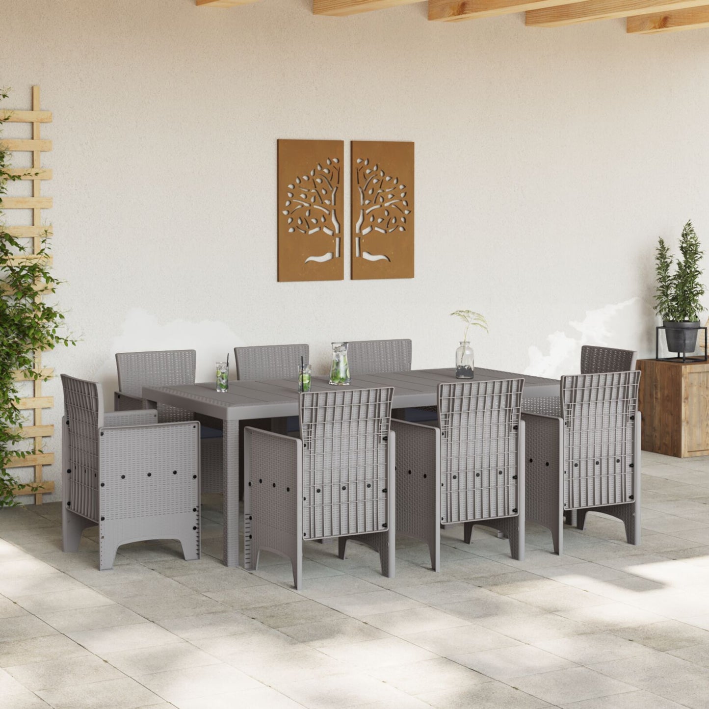 9-teilige Garten-Essgruppe mit Kissen in Hellgrau Poly-Rattan