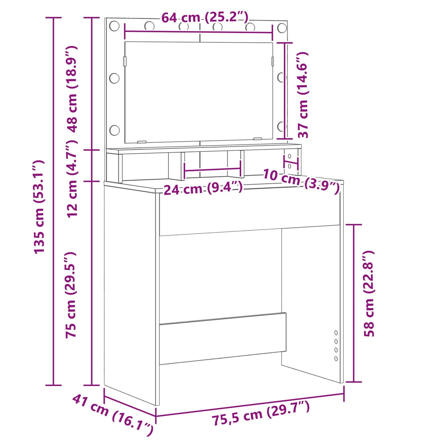 Schminktisch mit LED-Lichtern in Beton Grau 79x41x135 cm
