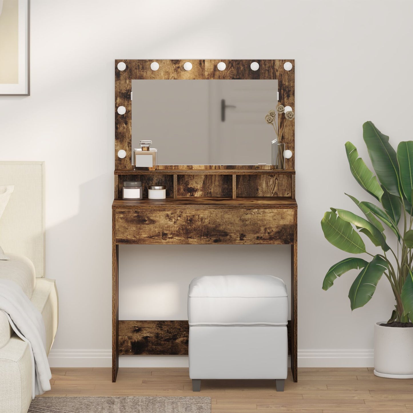 Schminktisch mit LED-Beleuchtung in Rauch-Eiche 79x41x135 cm