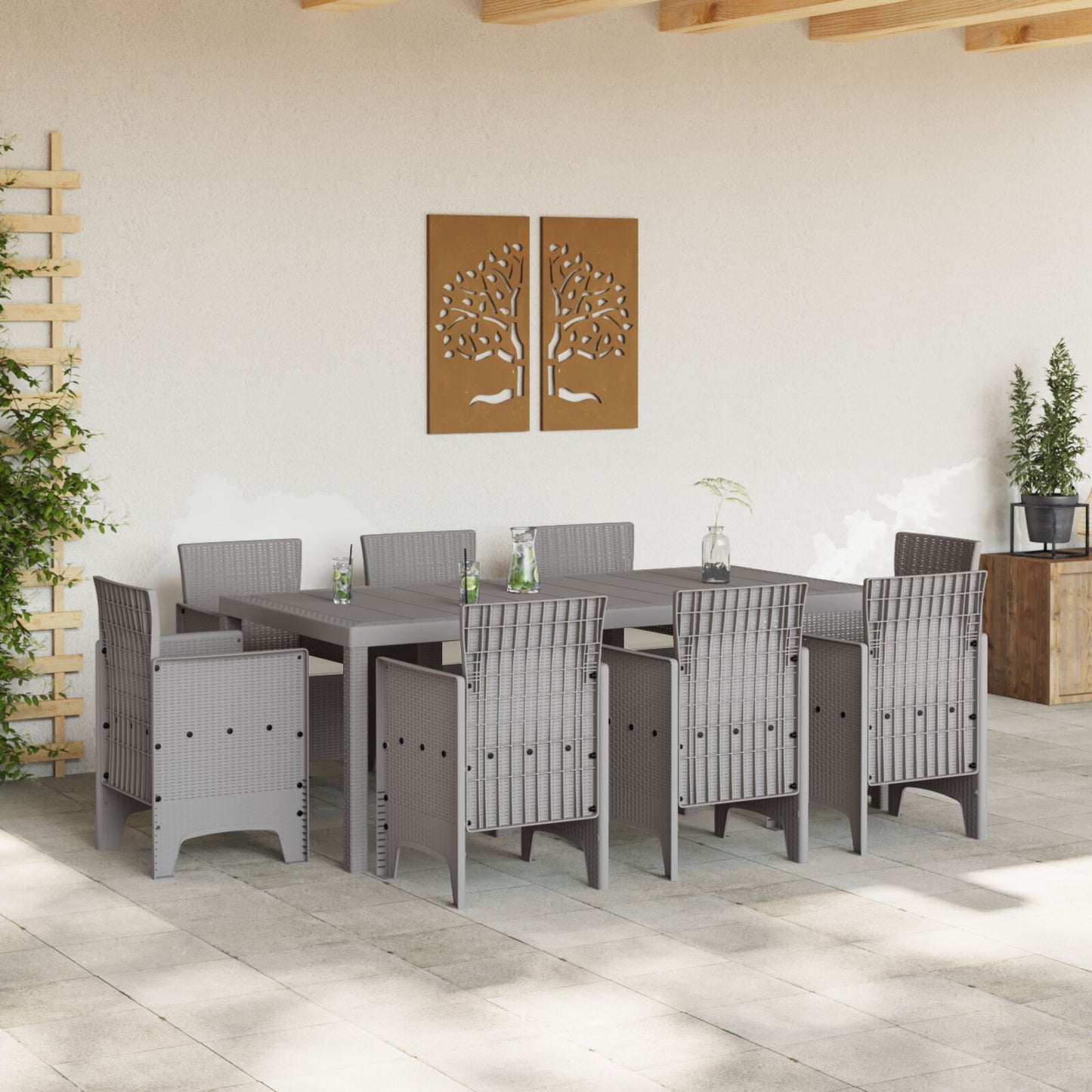 9-teiliges Garten-Essgruppe mit Kissen Hellgrau Poly-Rattan