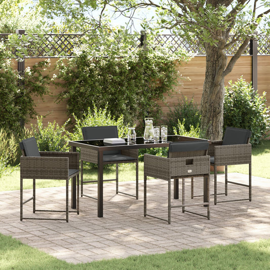 5-teilige Garten-Essgruppe mit Kissen in Grau aus Poly-Rattan