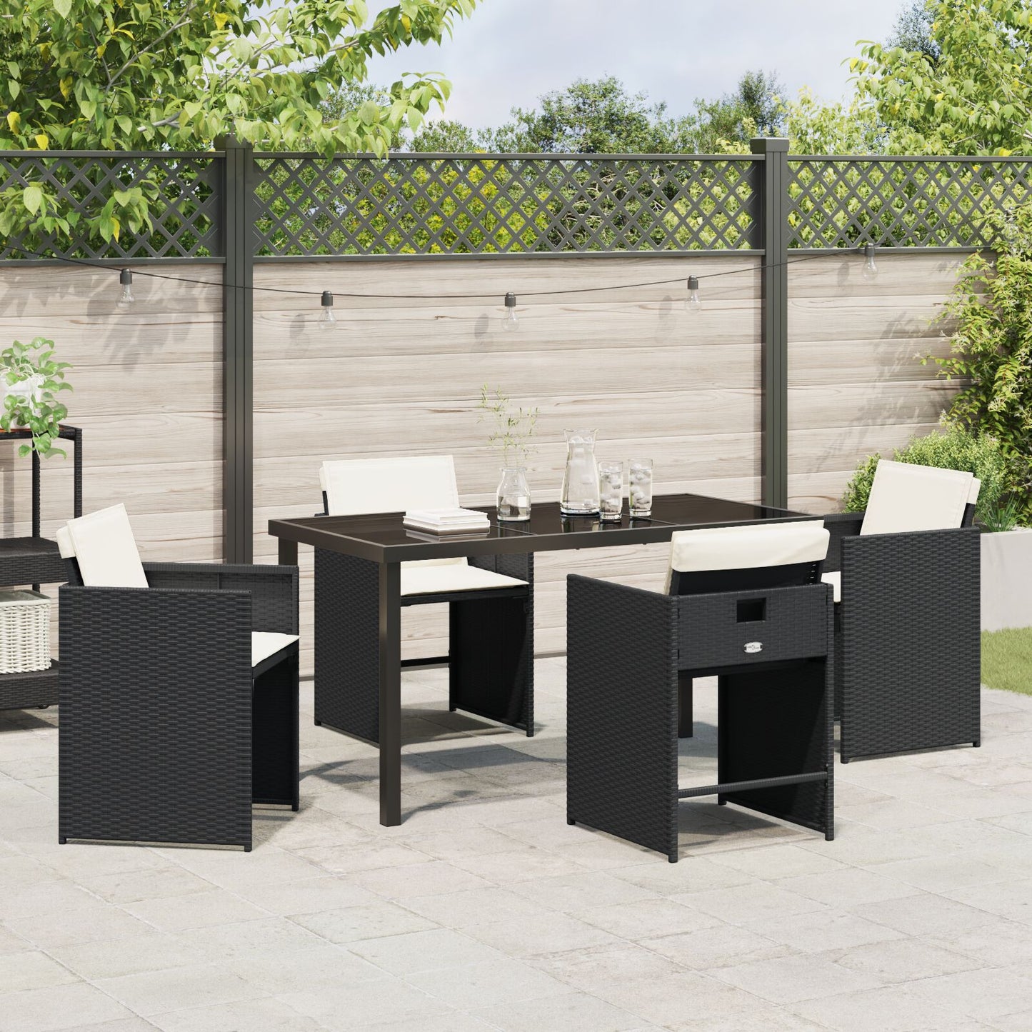 5-teilige Garten-Essgruppe mit Kissen Schwarz Poly Rattan