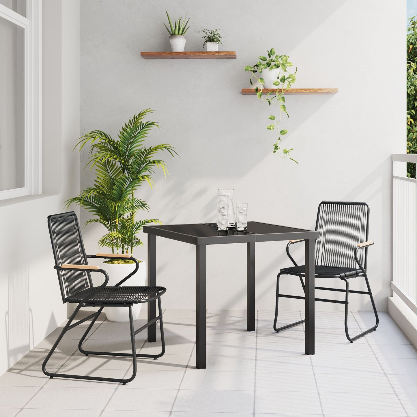 3-teilige Garten-Essgruppe Schwarz PVC Rattan