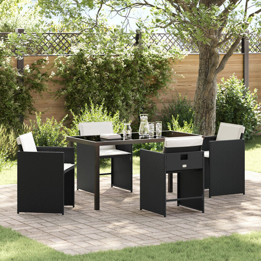 5-teilige Garten-Essgruppe mit Kissen Schwarz Poly Rattan