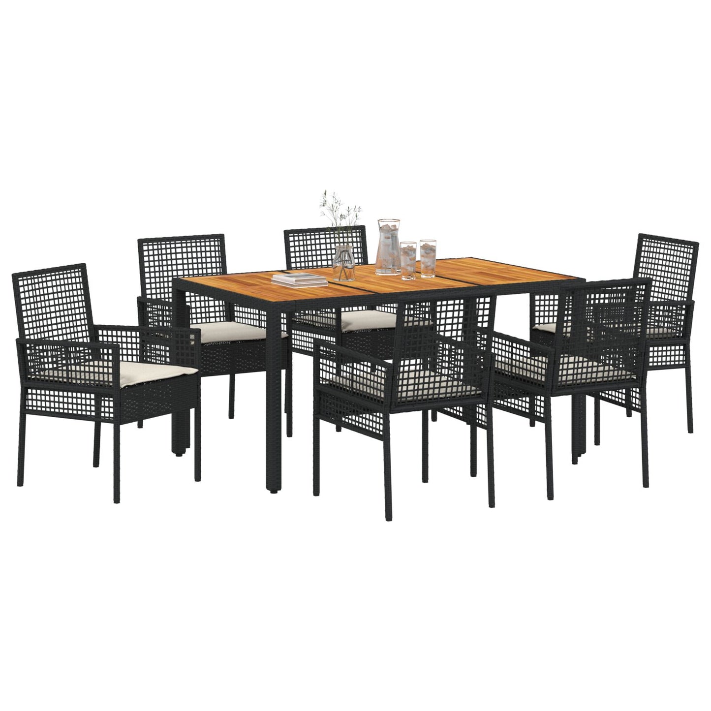 7-teilige Essgruppe für den Garten mit Kissen in Schwarz aus Poly-Rattan