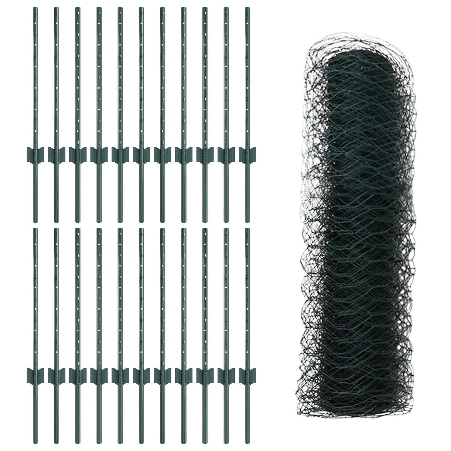 Zaunpfosten 11 Stück U-Profil Grün 60 cm Stahl, vidaXL Sechseckzaun Grün 0,6 x 50 m Stahl