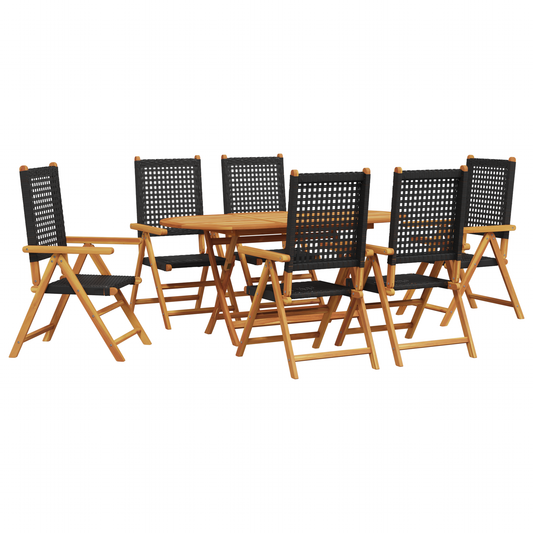 7-teilige Garten Essgruppe Schwarz Massivholz Akazie und Poly Rattan