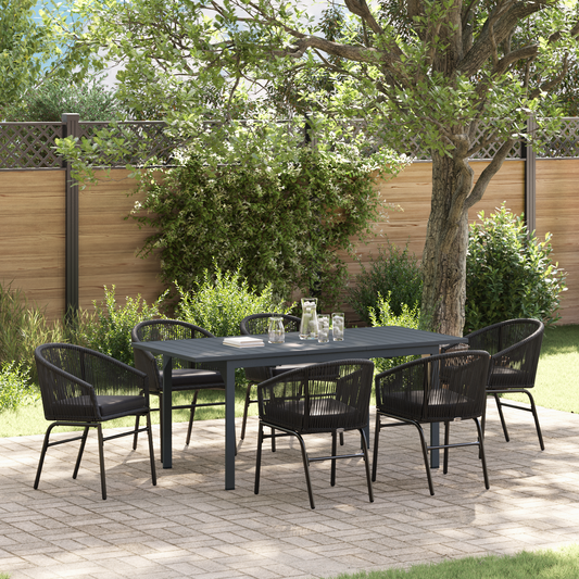 7-teiliges Garten Essgruppen Set mit Kissen Schwarz Poly Rattan