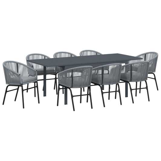 10-teiliges Garten-Esstisch-Set mit Kissen, graues Poly-Rattan
