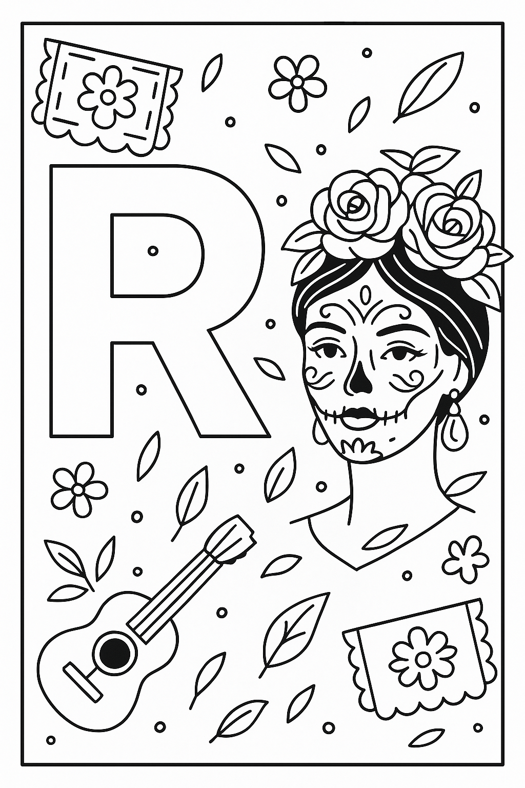 Día de los Muertos Alphabet Malvorlagen A–Z | Calavera Buchstaben | Zucker-Schädel Ausmalbilder zum Ausdrucken