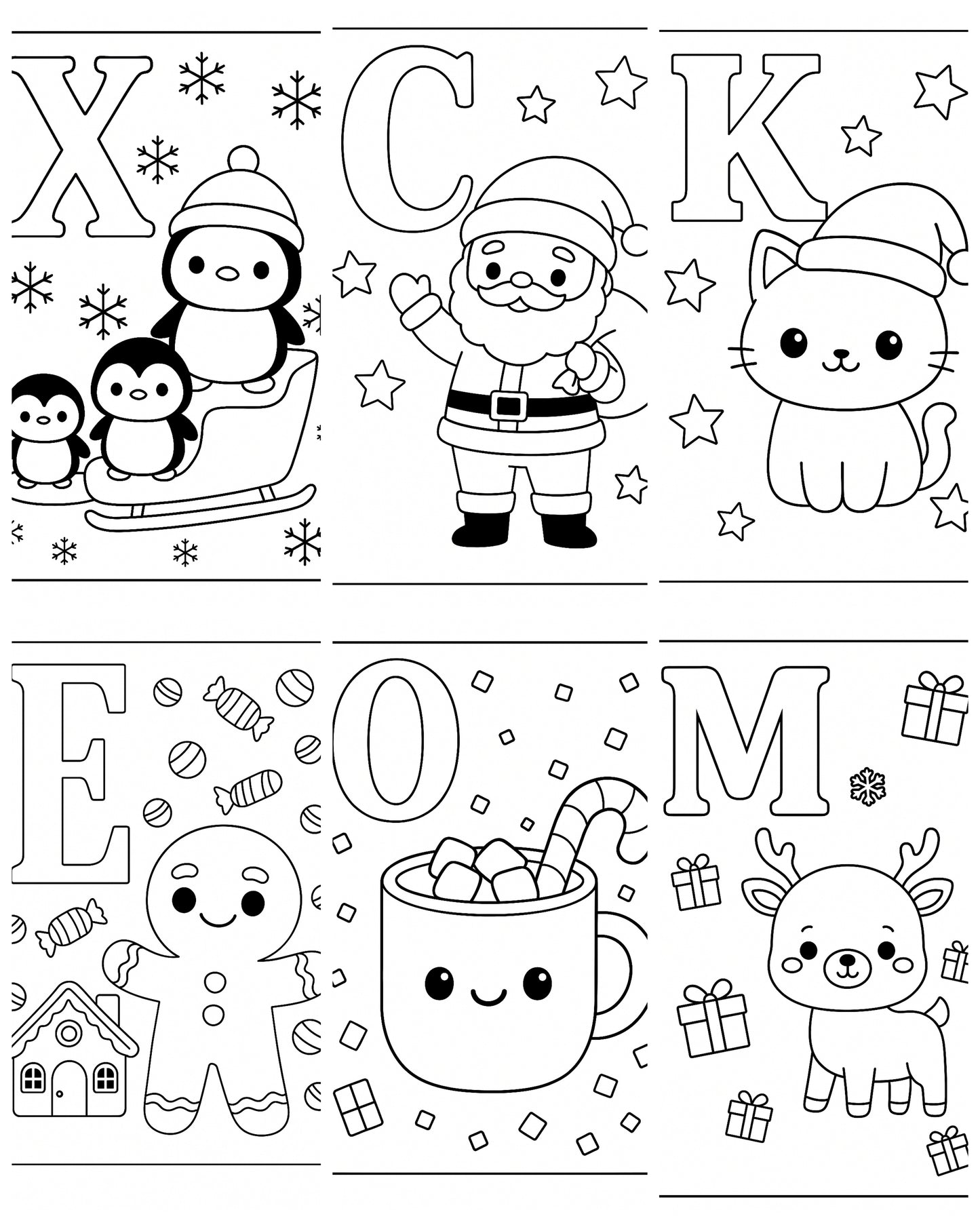 Kawaii Weihnachts-Alphabet Malbuch A-Z | Süße Ausmalbilder für Kinder | Druckbare Malvorlagen | Weihnachts-ABC | Niedliche Buchstaben Ausmalbilder