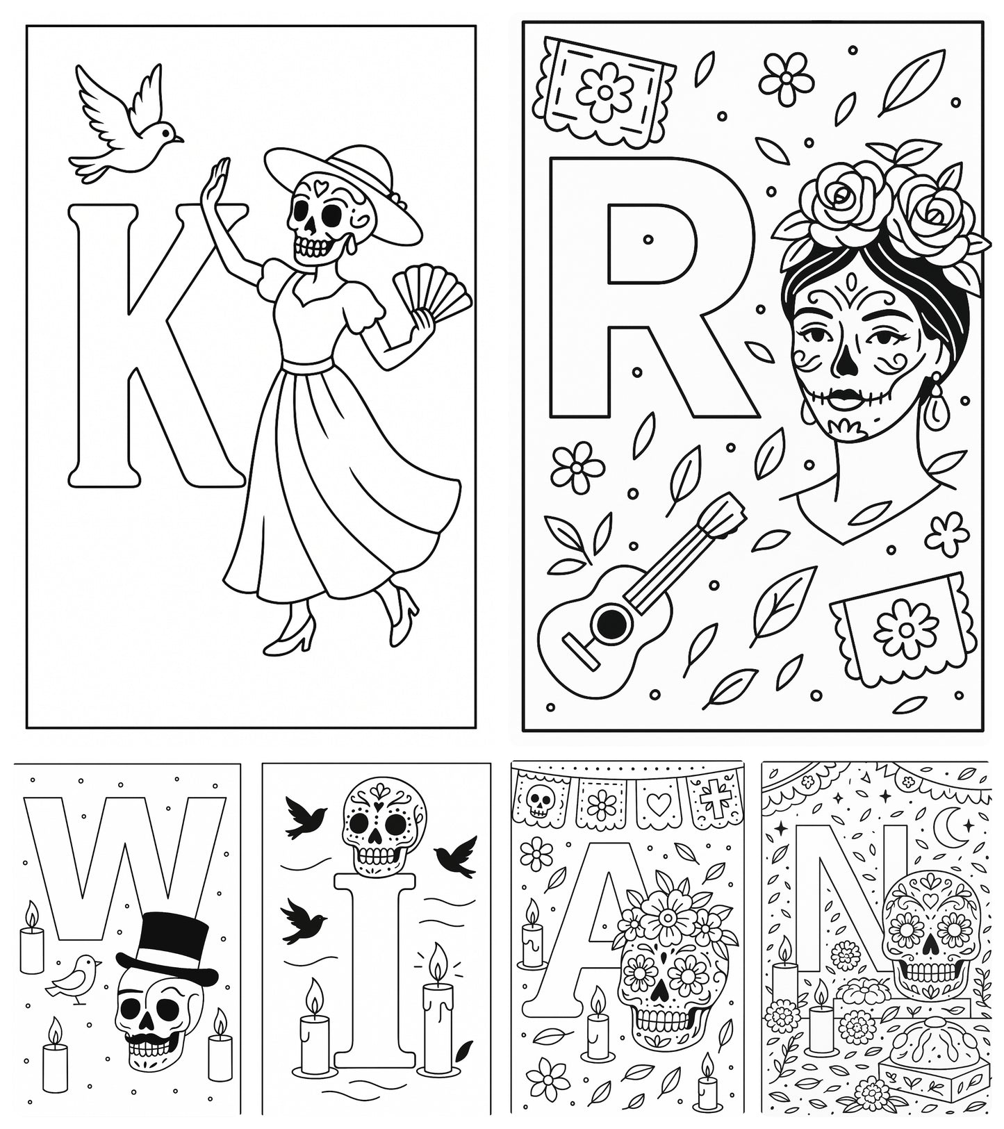 Día de los Muertos Alphabet Malvorlagen A–Z | Calavera Buchstaben | Zucker-Schädel Ausmalbilder zum Ausdrucken