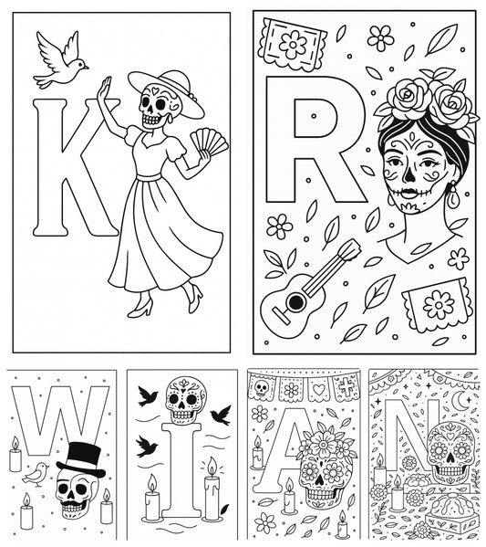 Día de los Muertos Alphabet Malvorlagen A–Z | Calavera Buchstaben | Zucker-Schädel Ausmalbilder zum Ausdrucken