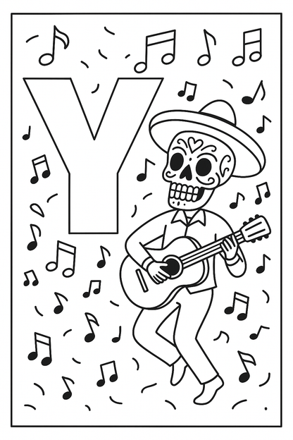 Día de los Muertos Alphabet Malvorlagen A–Z | Calavera Buchstaben | Zucker-Schädel Ausmalbilder zum Ausdrucken