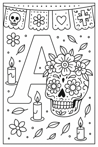 Día de los Muertos Alphabet Malvorlagen A–Z | Calavera Buchstaben | Zucker-Schädel Ausmalbilder zum Ausdrucken