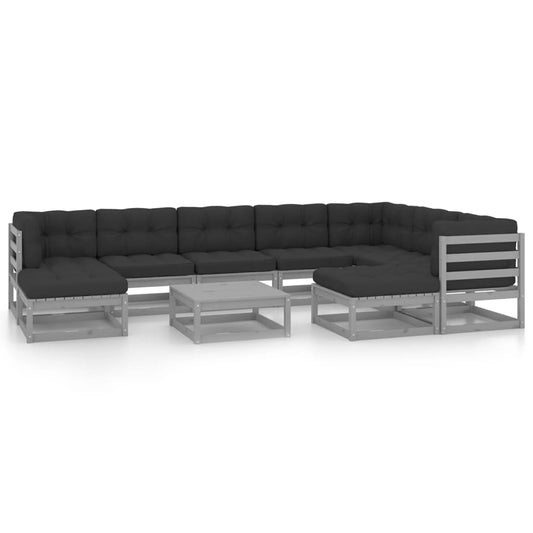 10-tlg. Garten-Lounge-Set mit Kissen Grau Massivholz Kiefer