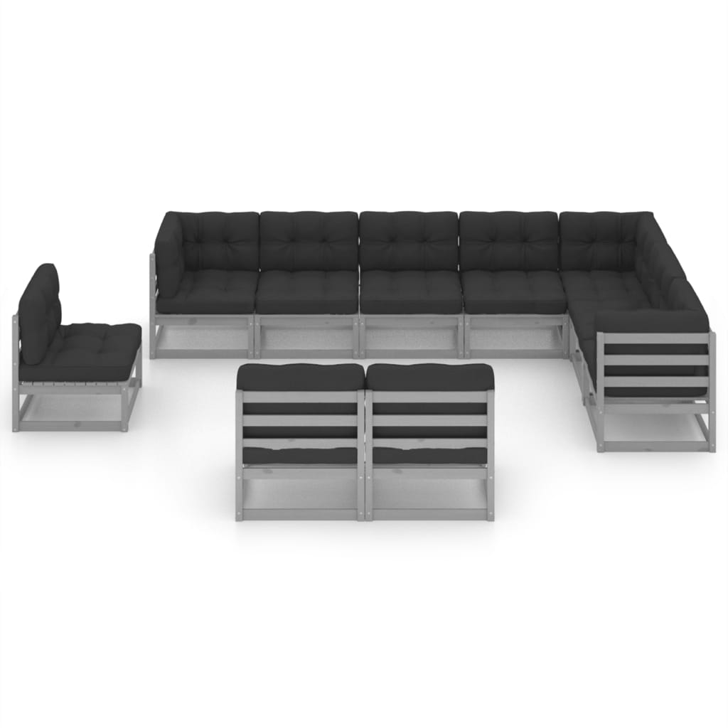 10-tlg. Garten-Lounge-Set mit Kissen Grau Massivholz Kiefer