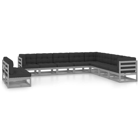 10-tlg. Garten-Lounge-Set mit Kissen Grau Massivholz Kiefer