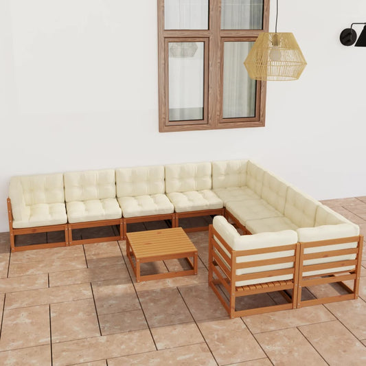 10-tlg. Garten-Lounge-Set mit Kissen Honigbraun Massivholz