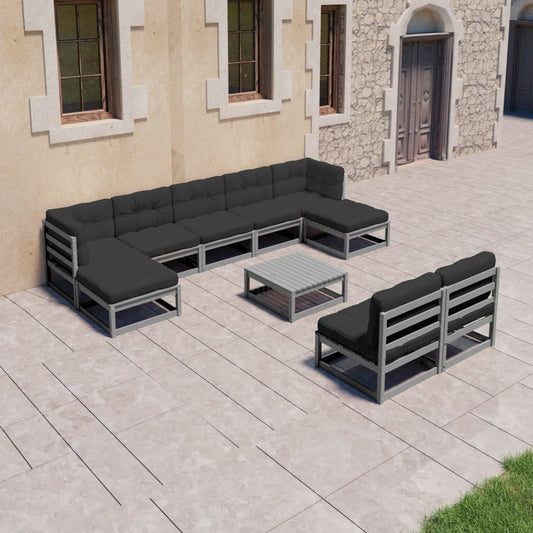 10-tlg. Garten-Lounge-Set mit Kissen Grau Massivholz Kiefer