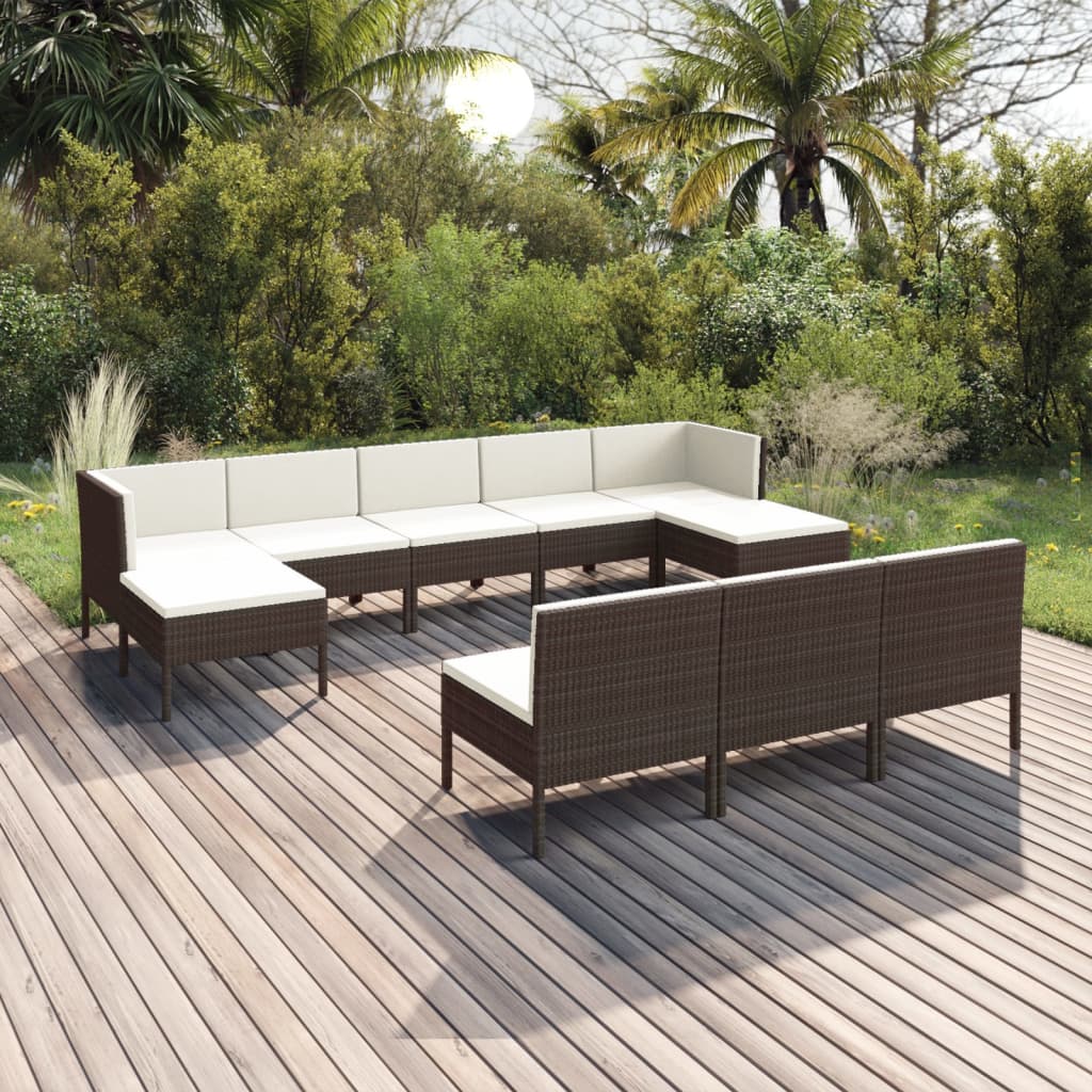 10-tlg. Garten-Lounge-Set mit Auflagen Poly Rattan Braun