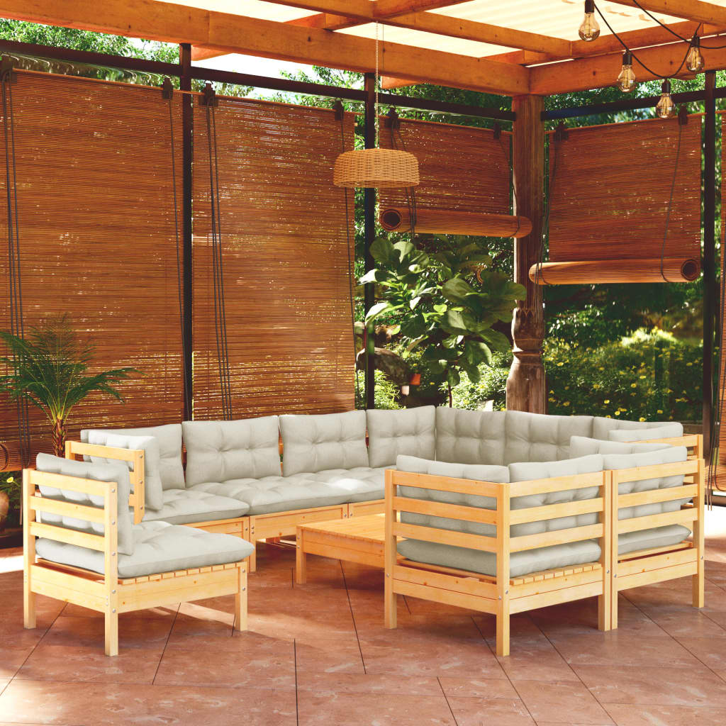 10-tlg. Garten-Lounge-Set mit Creme Kissen Massivholz Kiefer