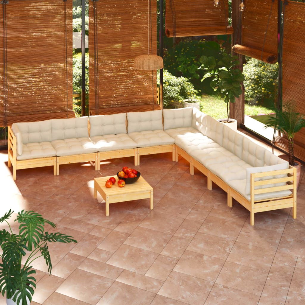 10-tlg. Garten-Lounge-Set mit Creme Kissen Massivholz Kiefer