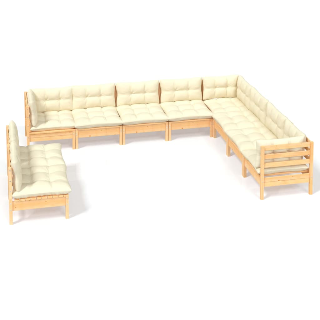 10-tlg. Garten-Lounge-Set mit Creme Kissen Massivholz Kiefer