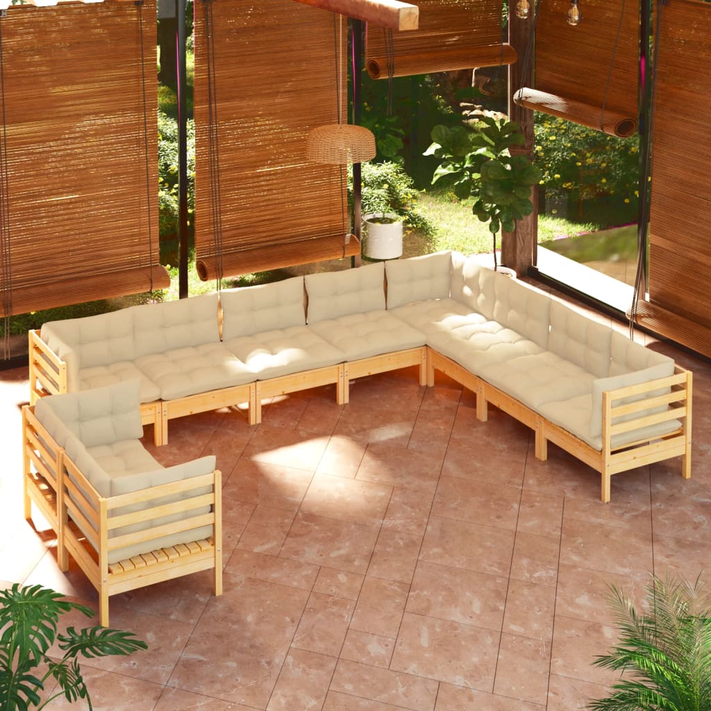 10-tlg. Garten-Lounge-Set mit Creme Kissen Massivholz Kiefer