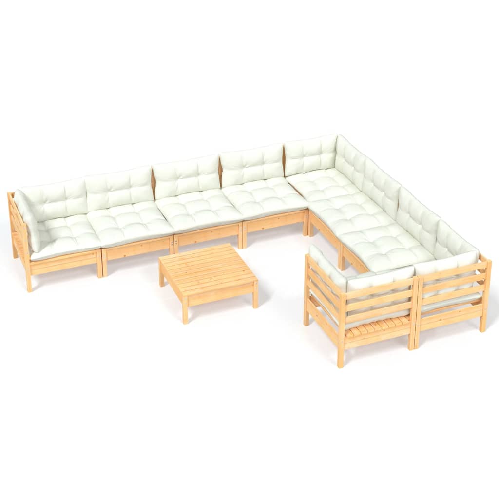 10-tlg. Garten-Lounge-Set mit Creme Kissen Kiefernholz