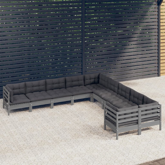 10-tlg. Garten-Lounge-Set mit Kissen Grau Kiefernholz