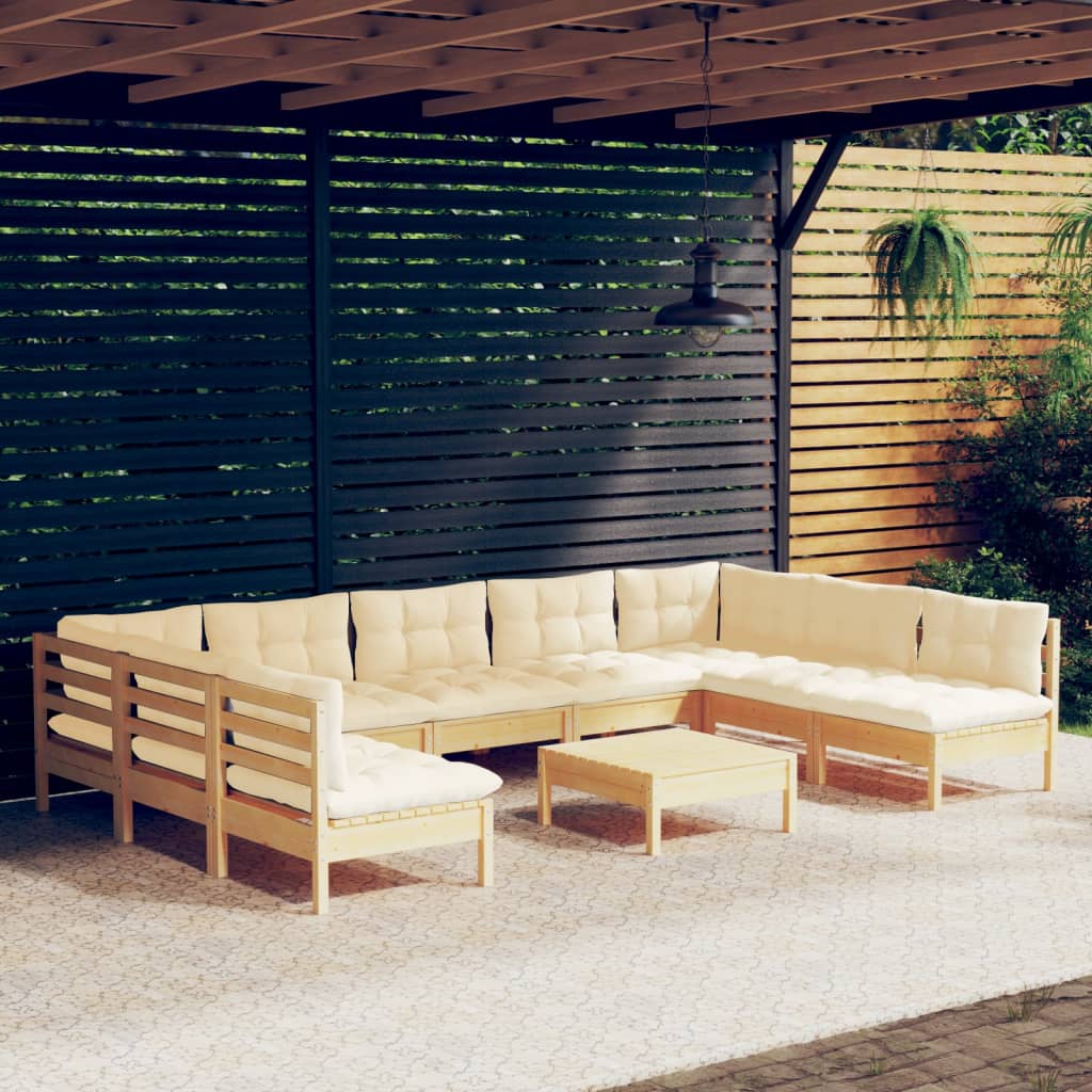 10-tlg. Garten-Lounge-Set mit Creme Kissen Massivholz Kiefer