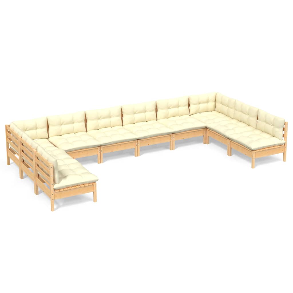 10-tlg. Garten-Lounge-Set mit Creme Kissen Massivholz Kiefer