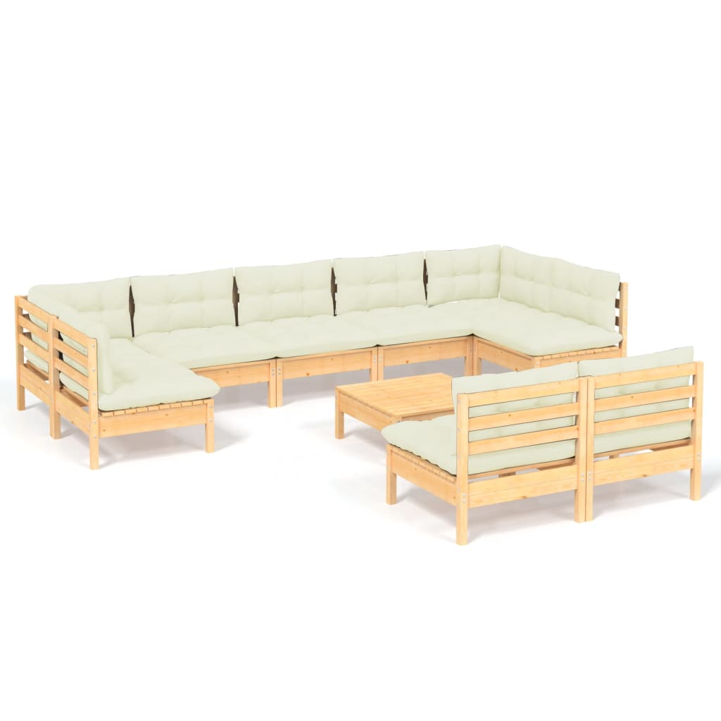 10-tlg. Garten-Lounge-Set mit Creme Kissen Massivholz Kiefer