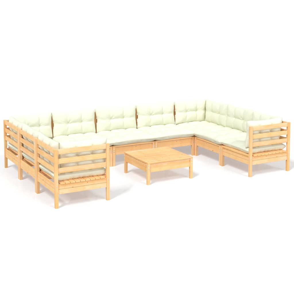 10-tlg. Garten-Lounge-Set mit Creme Kissen Kiefernholz