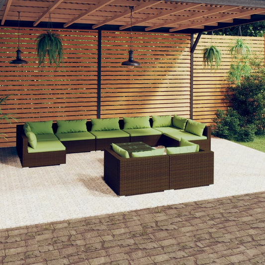 10-tlg. Garten-Lounge-Set mit Kissen Braun Poly Rattan